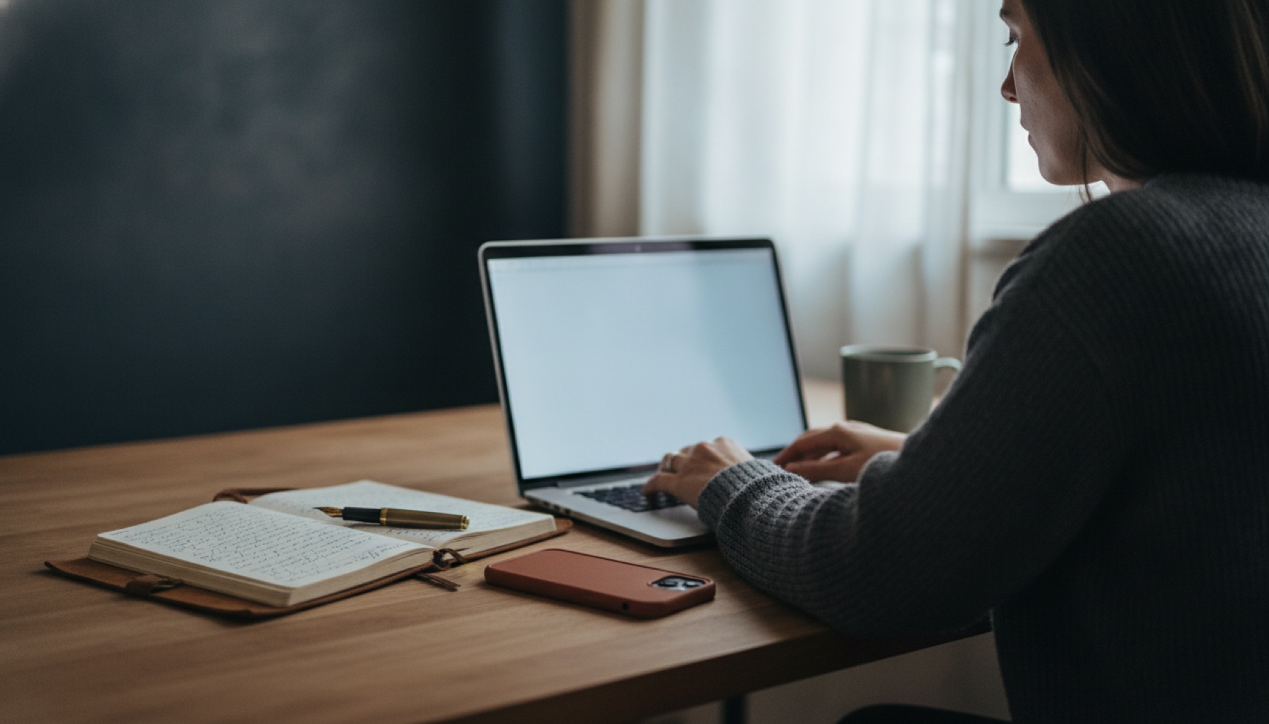 Working at a laptop at a plain desk