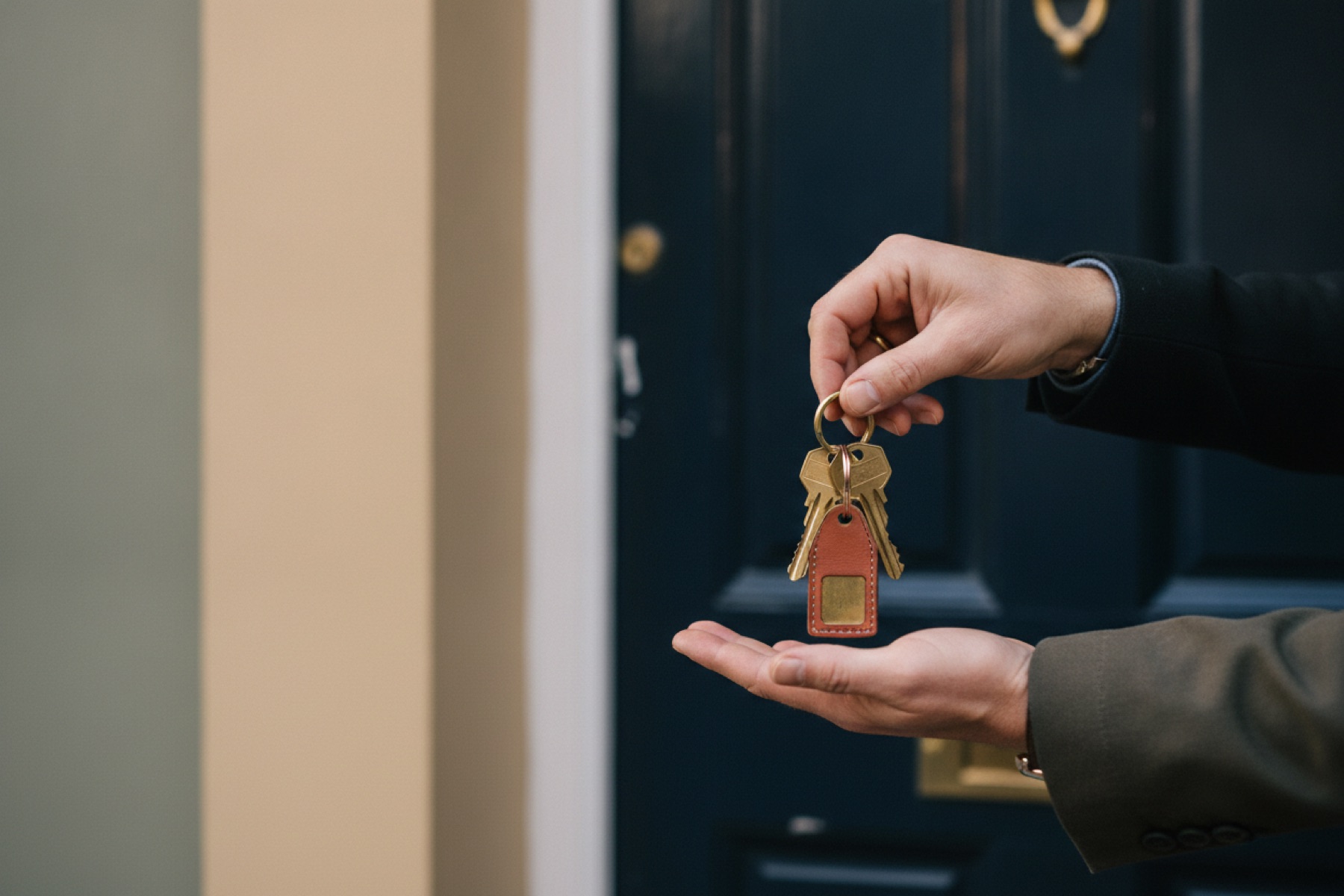 A set of keys passed from one hand to another at a front door