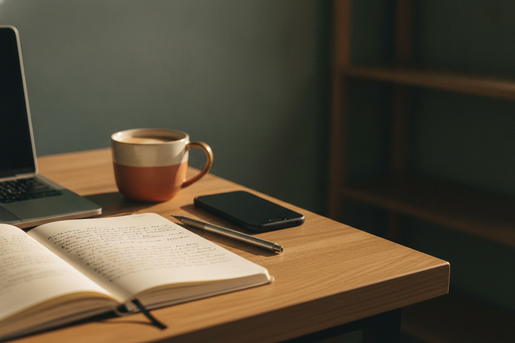 A notebook, a pen and a phone on a working desk